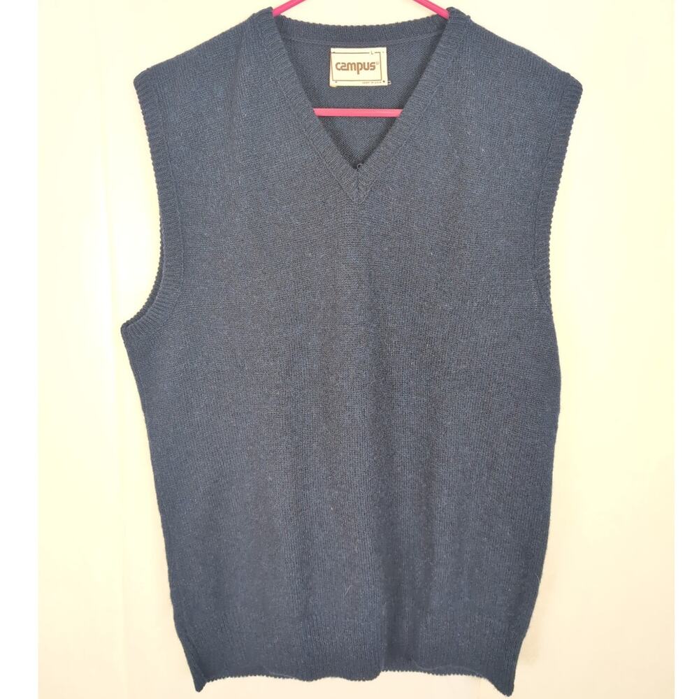 Vintage Campus blue wool sweater vest Size Lrg Grandpacore Preppy USA made Retro
